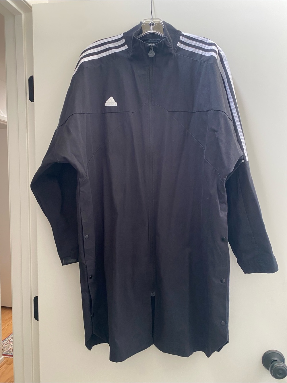 adidas Black Raincoat with White Shoulder Stripes